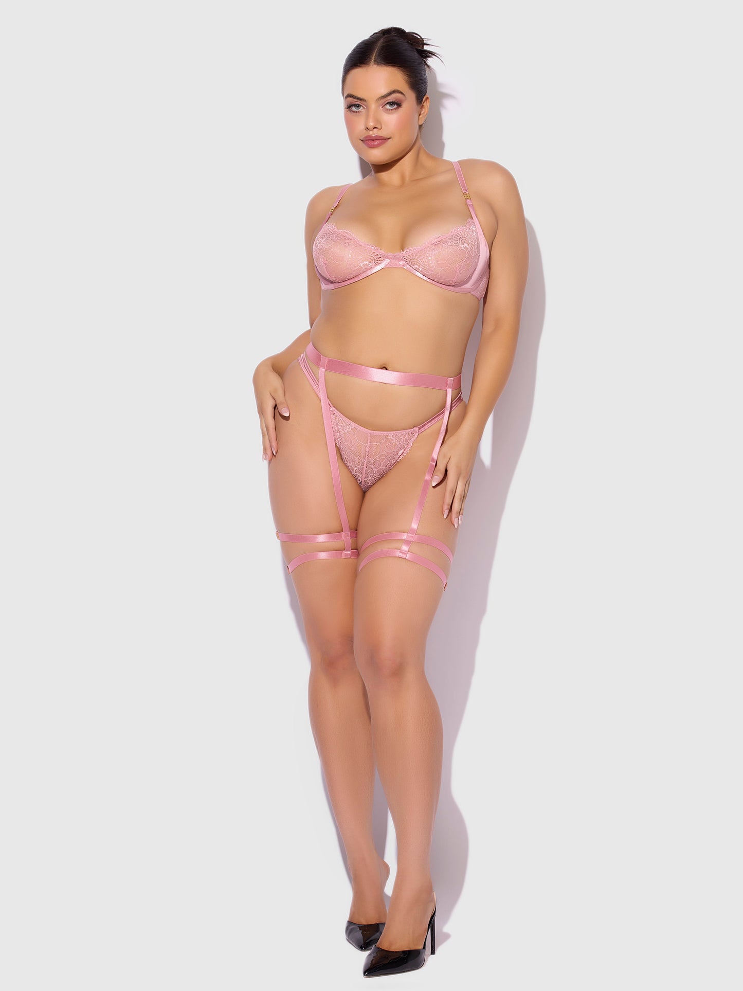House of Desire Helena Lace Bra, Garter & Open Back Hipster Set Black Pink
