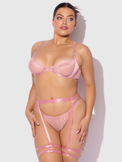 House of Desire Helena Lace Bra, Garter & Open Back Hipster Set Black Pink