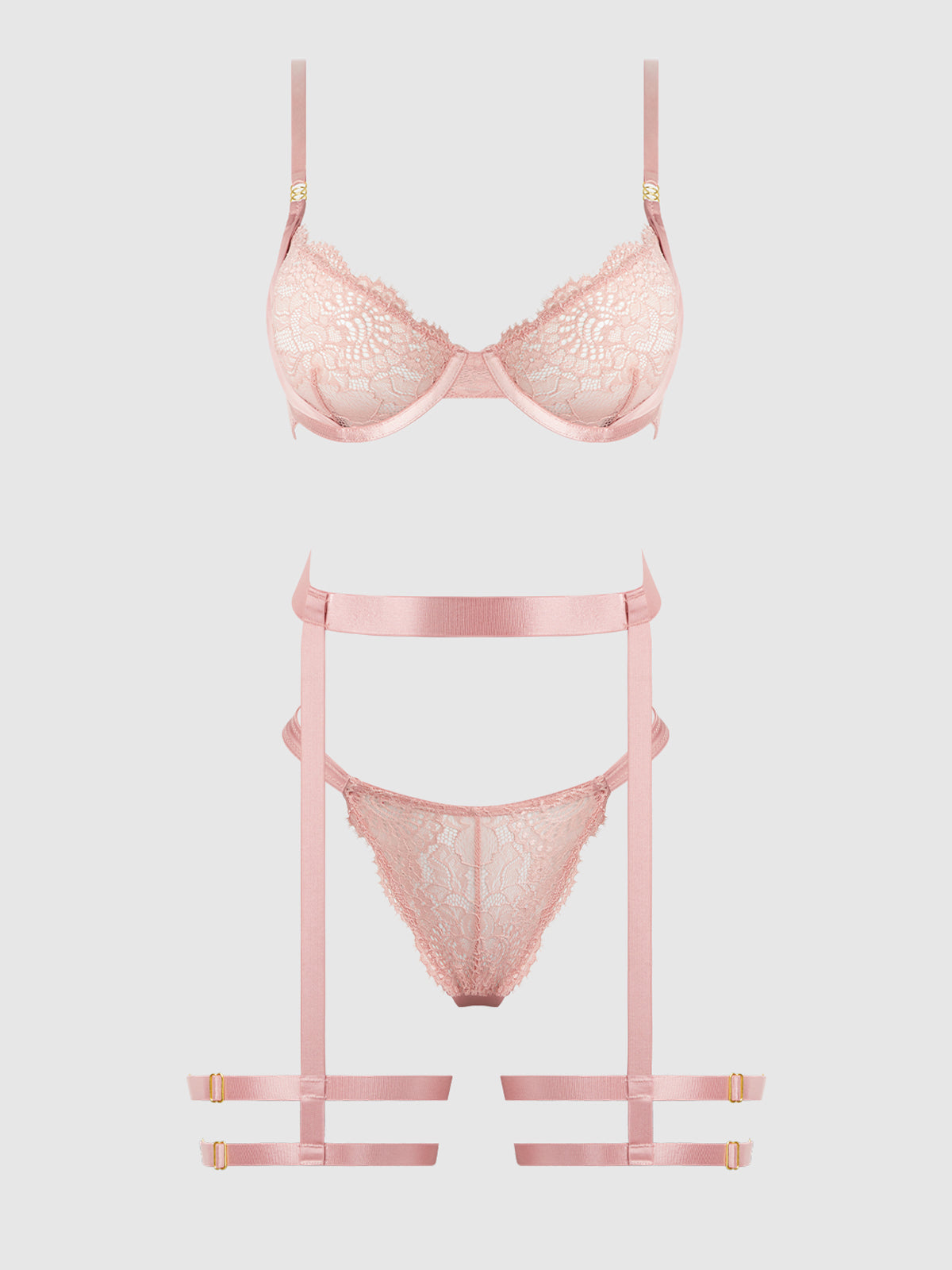 House of Desire Helena Lace Bra, Garter & Open Back Hipster Set Black Pink