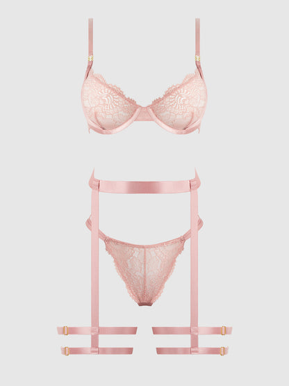 House of Desire Helena Lace Bra, Garter & Open Back Hipster Set Black Pink