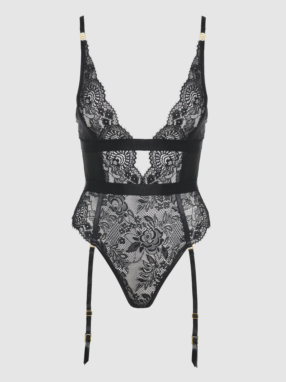 House of Desire Helena Lace & Satin Wireless & Open Back Teddy Black