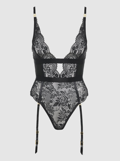 House of Desire Helena Lace & Satin Wireless & Open Back Teddy Black