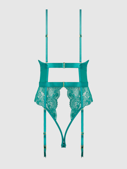 House of Desire Helena Lace & Satin Wireless & Open Back Teddy Evergreen