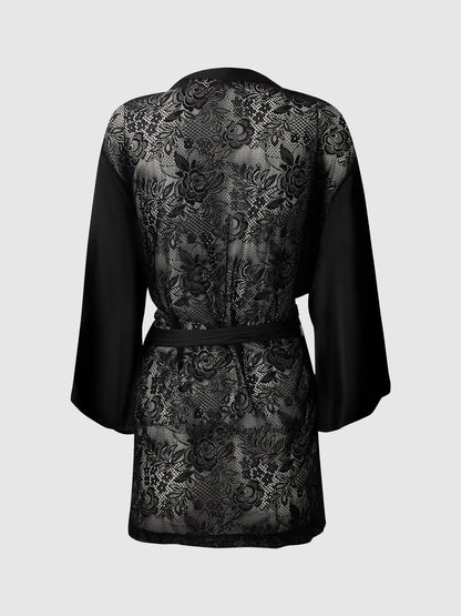 House of Desire Helena Satin & Lace Back Short Robe Black