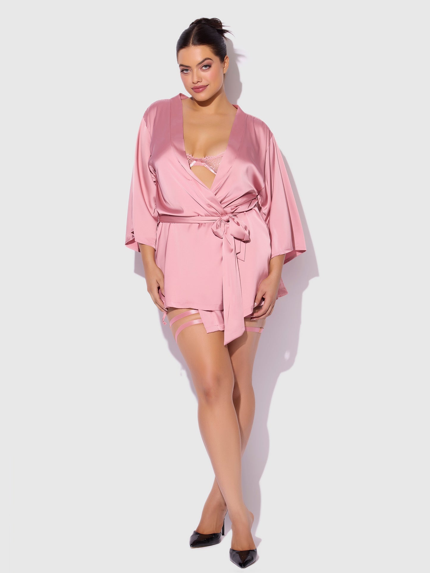 House of Desire Helena Satin & Lace Back Short Robe Powder Pink