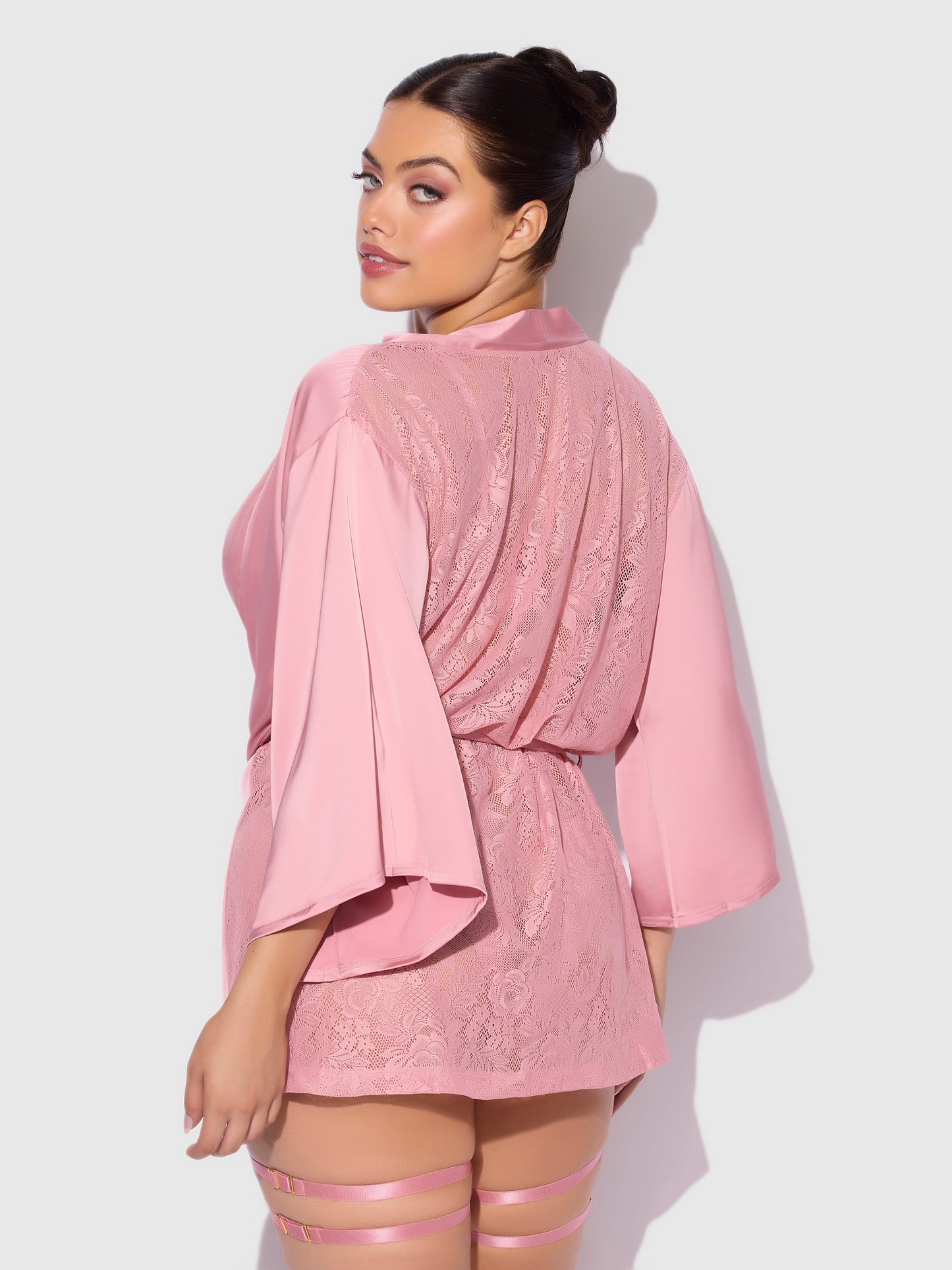 House of Desire Helena Satin & Lace Back Short Robe Powder Pink