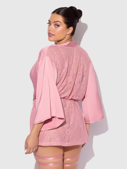 House of Desire Helena Satin & Lace Back Short Robe Powder Pink