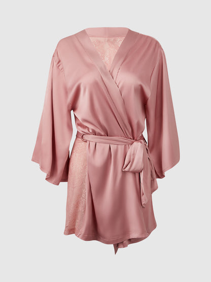 House of Desire Helena Satin & Lace Back Short Robe Powder Pink