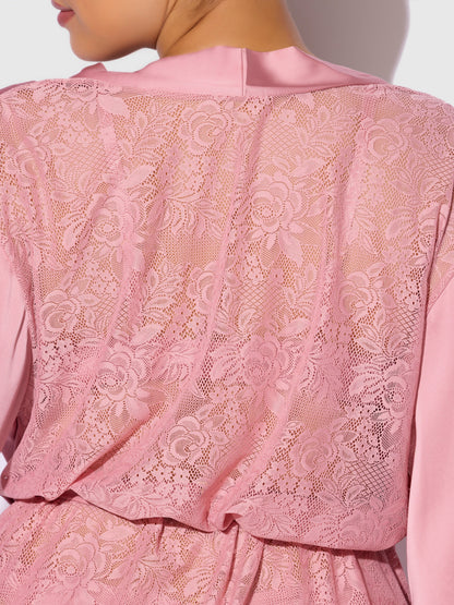 House of Desire Helena Satin & Lace Back Short Robe Powder Pink