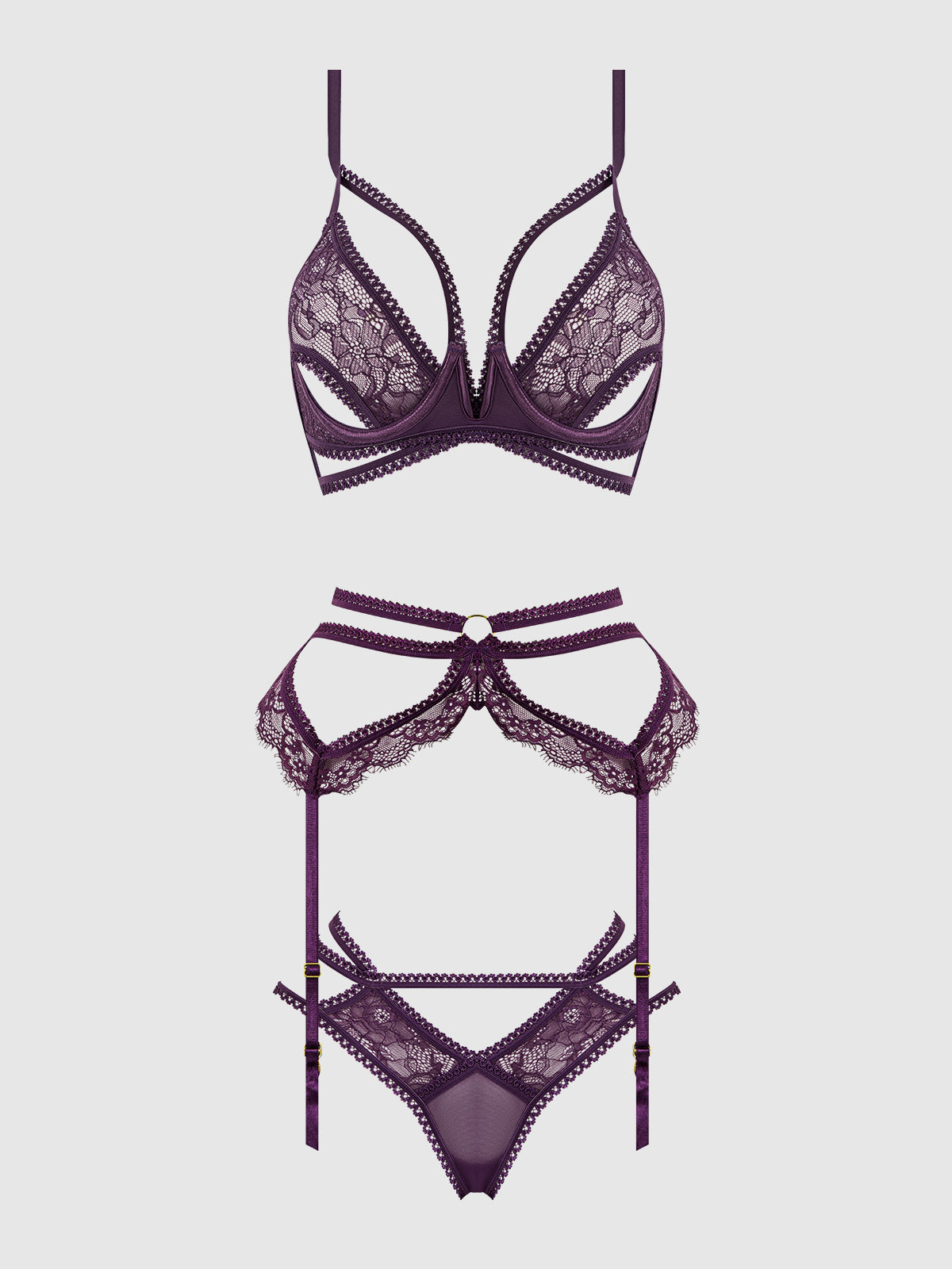 House of Desire Bianca Strappy Lace Bra, Garter & Hipster Set Plum Purple