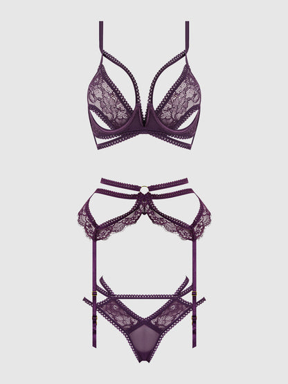 House of Desire Bianca Strappy Lace Bra, Garter & Hipster Set Plum Purple