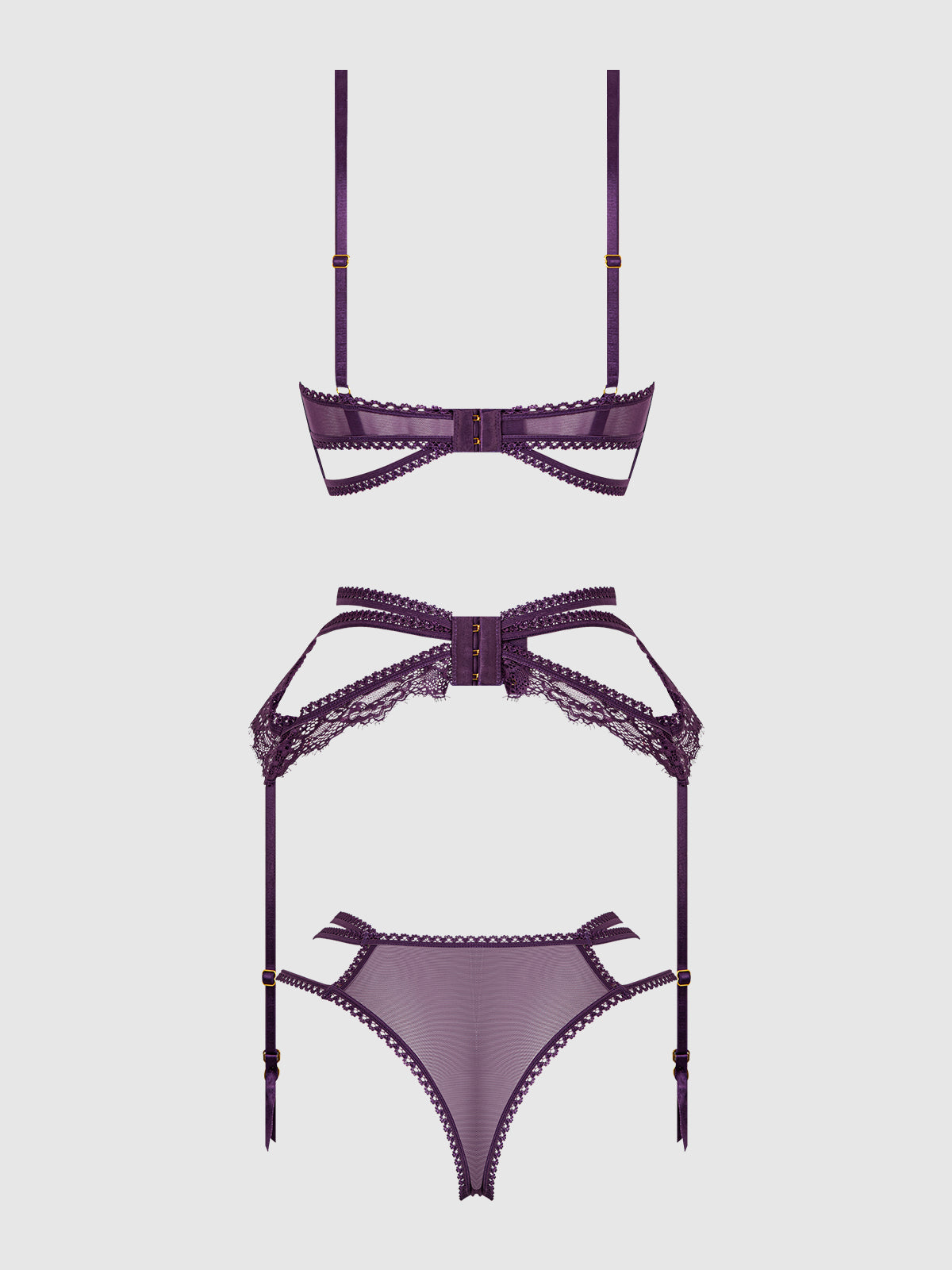 House of Desire Bianca Strappy Lace Bra, Garter & Hipster Set Plum Purple