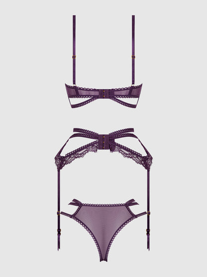 House of Desire Bianca Strappy Lace Bra, Garter & Hipster Set Plum Purple