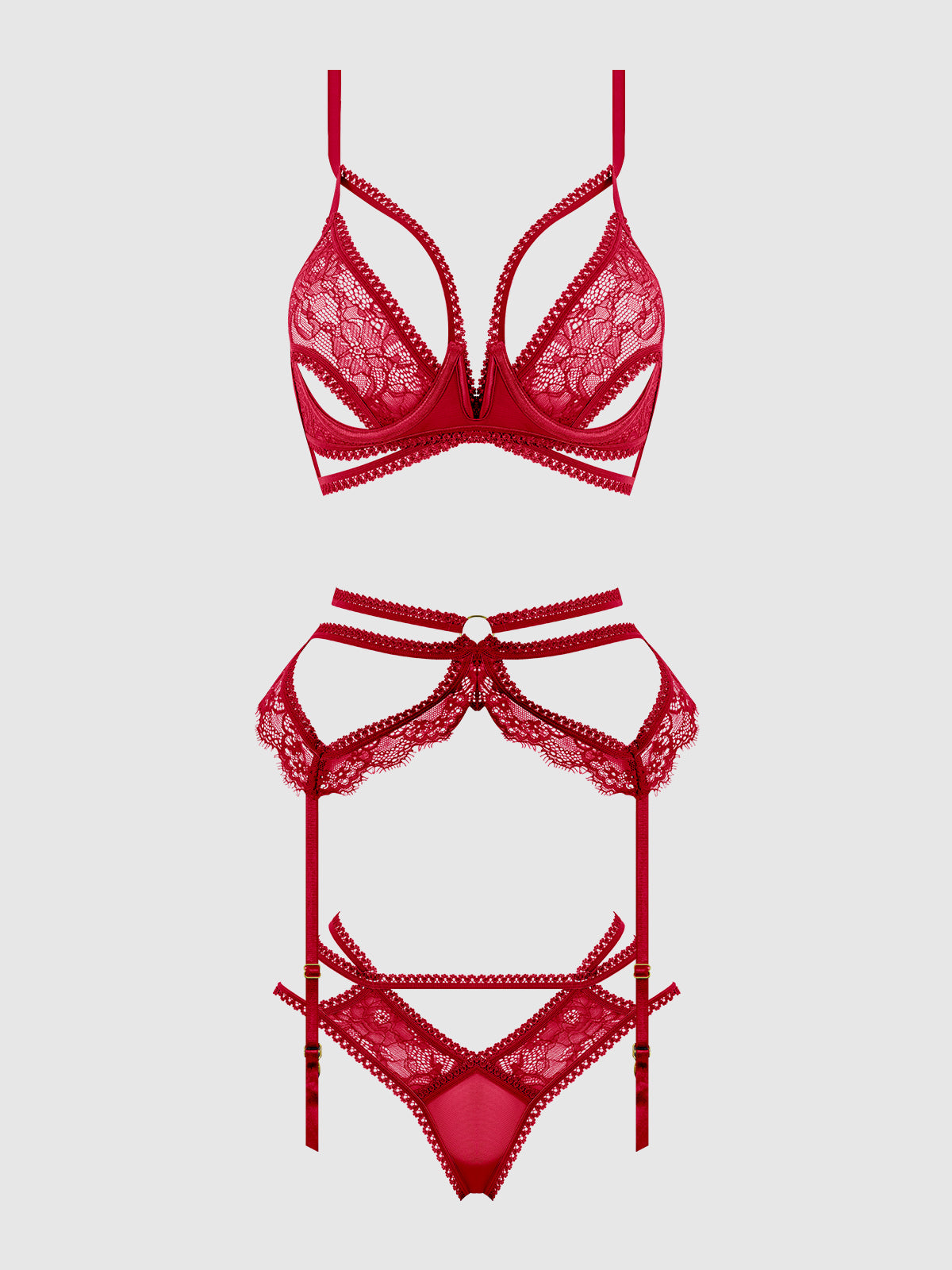 House of Desire Bianca Strappy Lace Bra, Garter & Hipster Set Persian Red
