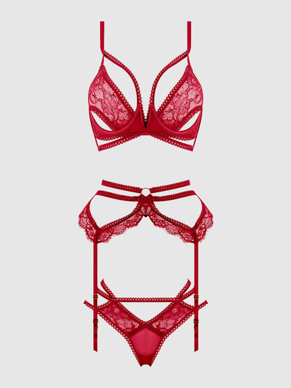 House of Desire Bianca Strappy Lace Bra, Garter & Hipster Set Persian Red