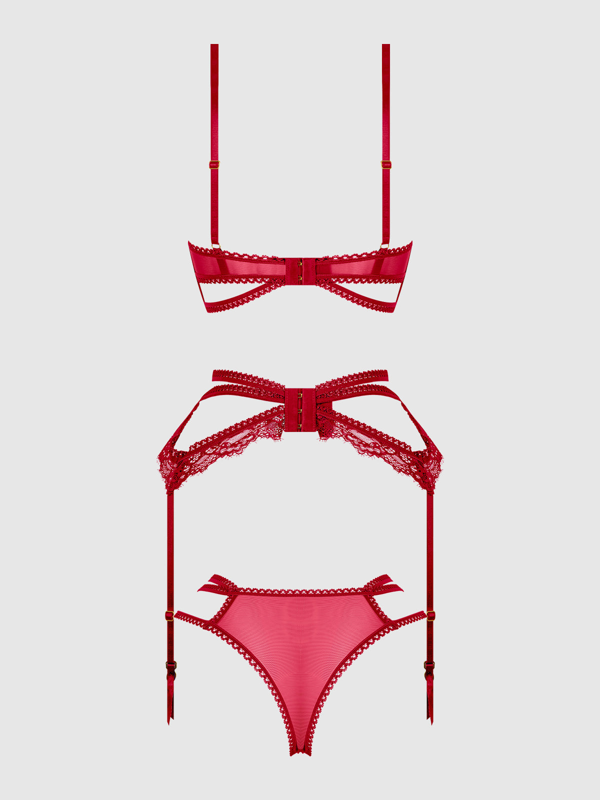 House of Desire Bianca Strappy Lace Bra, Garter & Hipster Set Persian Red