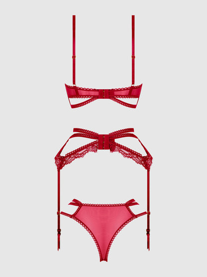 House of Desire Bianca Strappy Lace Bra, Garter & Hipster Set Persian Red