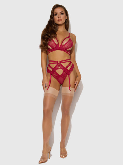 House of Desire Bianca Strappy Lace Bra, Garter & Hipster Set Persian Red