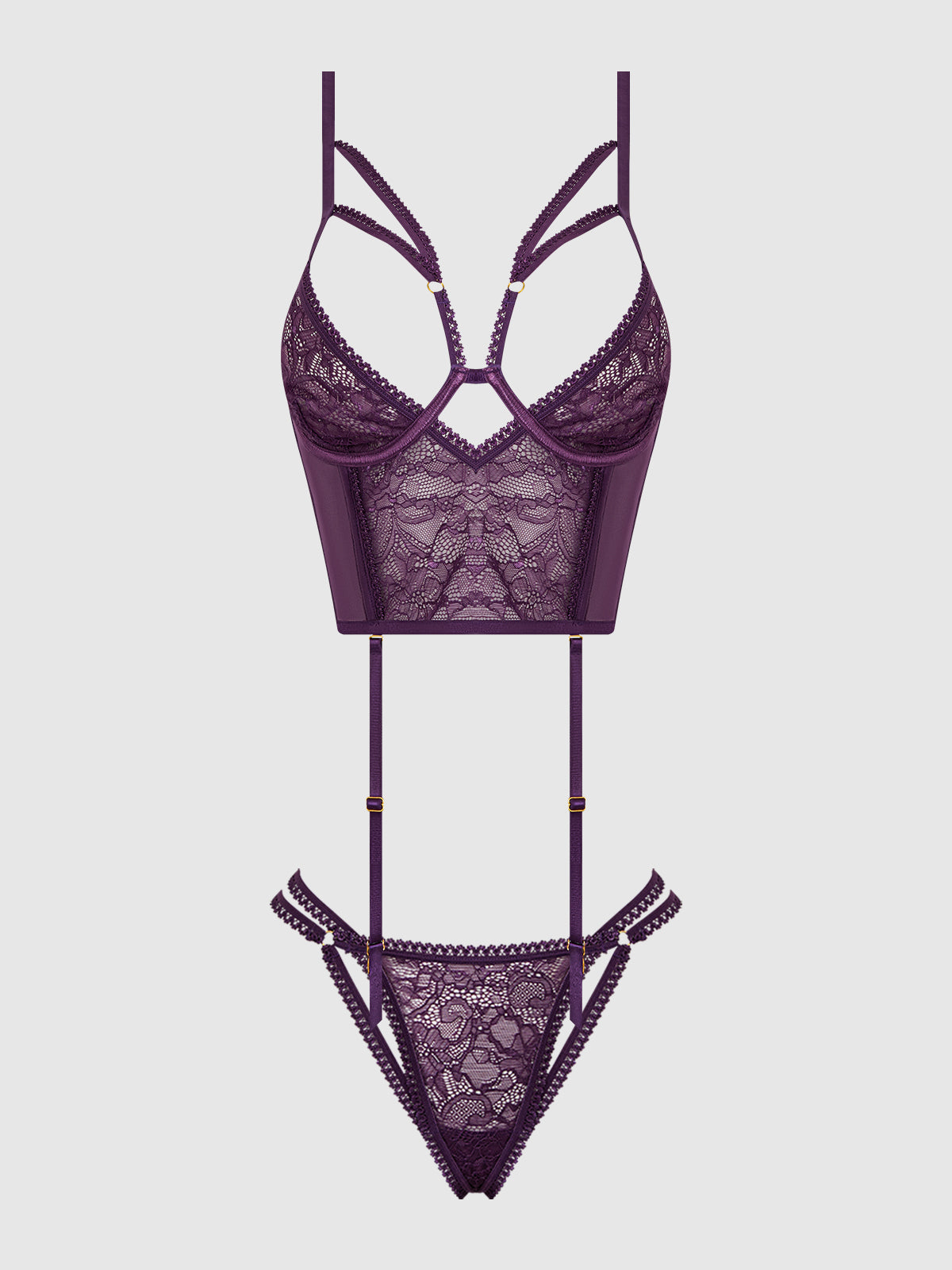 House of Desire Bianca Strappy Lace Bustier & Thong Set Plum Purple