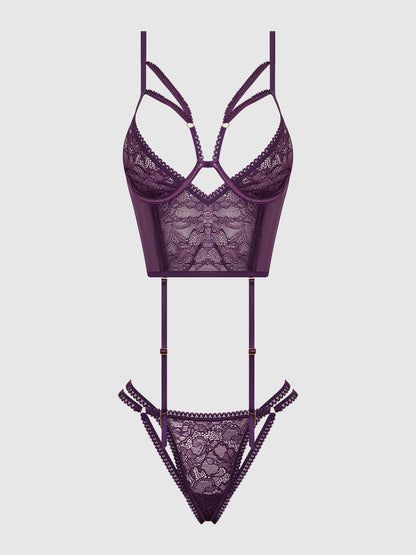 House of Desire Bianca Strappy Lace Bustier & Thong Set Plum Purple