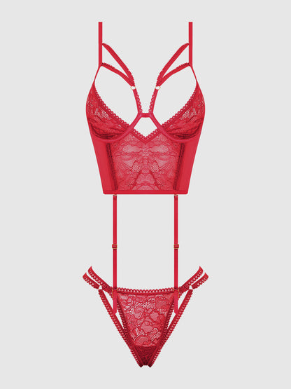 House of Desire Bianca Strappy Lace Bustier & Thong Set Persian Red
