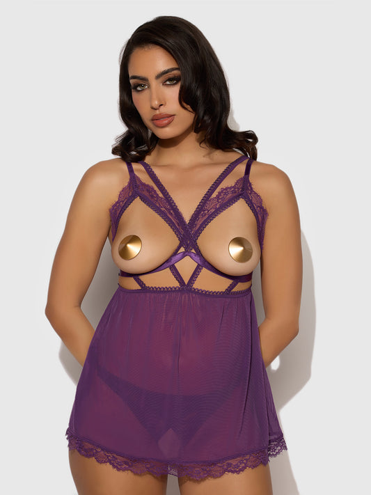 House of Desire Bianca Lace & Mesh Open Cup Babydoll Set Plum