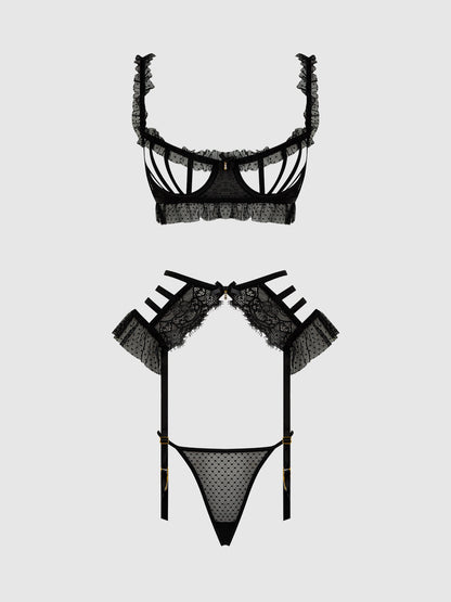 House of Desire Portia Swiss Dot Cutout Bra, Garter, & Thong Set Black