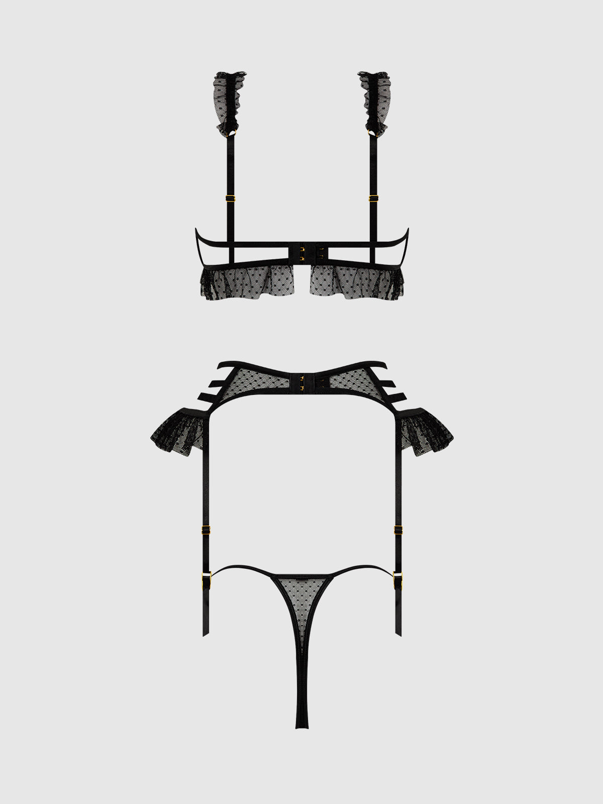 House of Desire Portia Swiss Dot Cutout Bra, Garter, & Thong Set Black