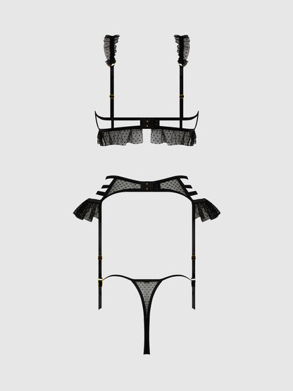 House of Desire Portia Swiss Dot Cutout Bra, Garter, & Thong Set Black