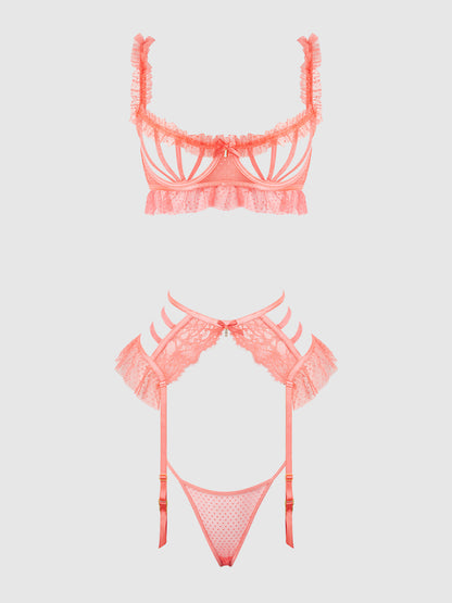 House of Desire Portia Swiss Dot Cutout Bra, Garter, & Thong Set Siesta