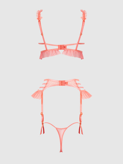 House of Desire Portia Swiss Dot Cutout Bra, Garter, & Thong Set Siesta
