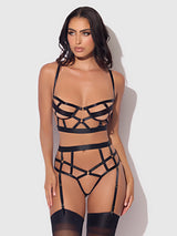 House of Desire Queen Devon Open Cup Bra & Crotchless & Backless Hipster Set Black