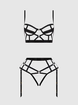 House of Desire Queen Devon Open Cup Bra & Crotchless & Backless Hipster Set Black