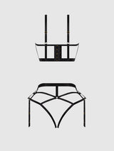 House of Desire Queen Devon Open Cup Bra & Crotchless & Backless Hipster Set Black