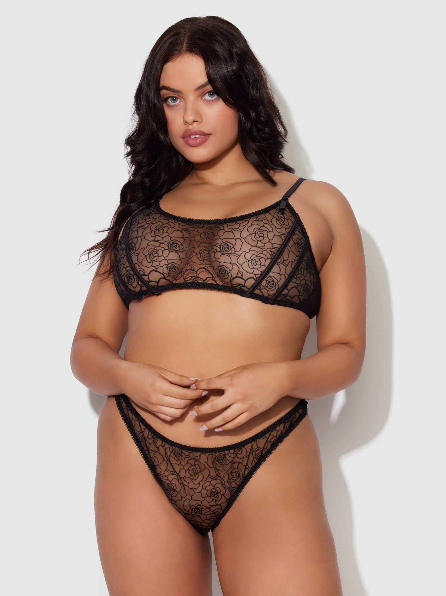 House of Desire Rosalie Embroidered Garter Lace Bralette Bra Set Black Roses