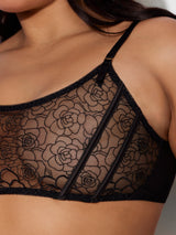 Rosalie Embroidered Garter Lace Bralette Bra Set Black Roses