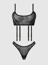 House of Desire Queen Rosalie Embroidered Garter Lace Bralette Bra Set Black Roses