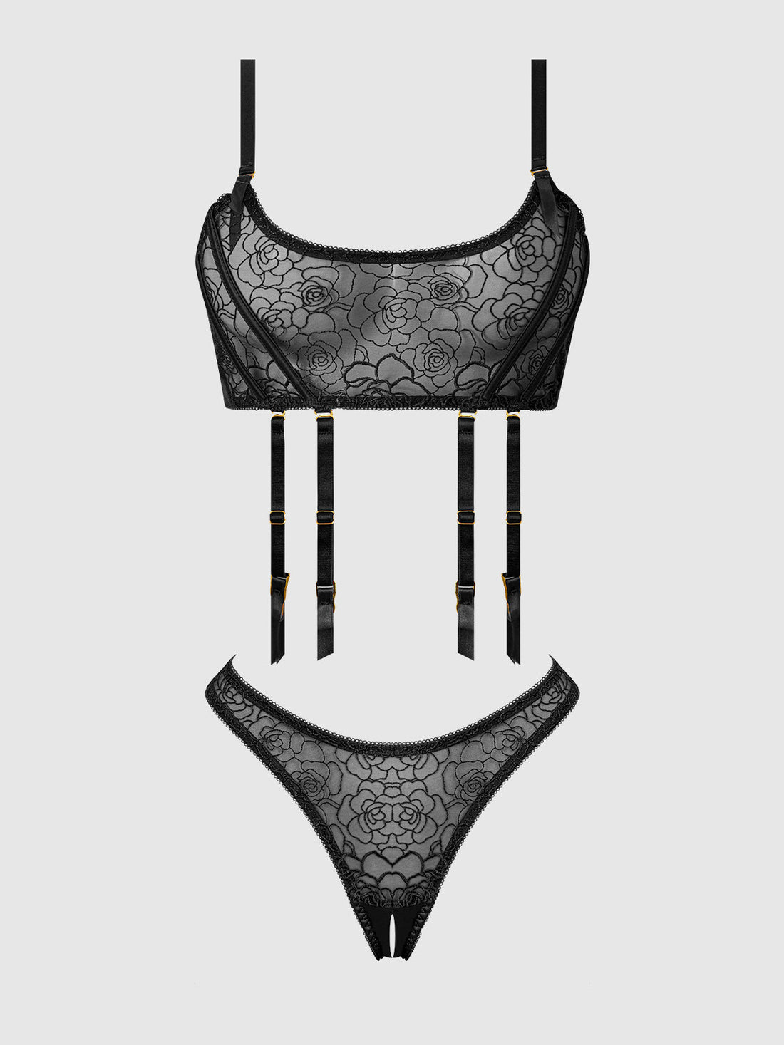 Rosalie Embroidered Garter Lace Bralette Bra Set Black Roses