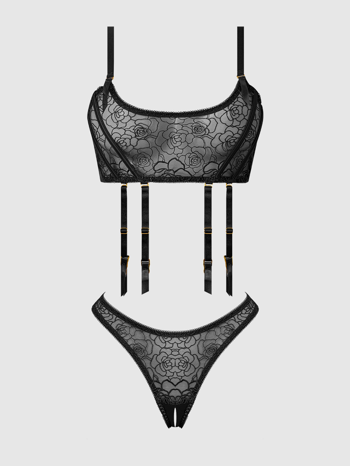 House of Desire Rosalie Embroidered Garter Lace Bralette Bra Set Black Roses