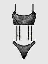 Rosalie Embroidered Garter Lace Bralette Bra Set Black Roses