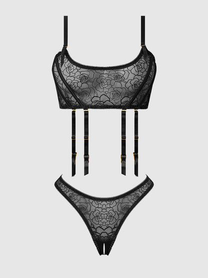 House of Desire Rosalie Embroidered Garter Lace Bralette Bra Set Black Roses