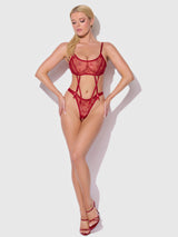 Rosalie Embroidered Garter Lace Bralette Bra Set Crimson Red Roses