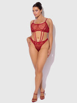 Rosalie Embroidered Garter Lace Bralette Bra Set Crimson Red Roses