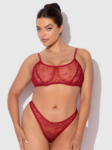 Rosalie Embroidered Garter Lace Bralette Bra Set Crimson Red Roses