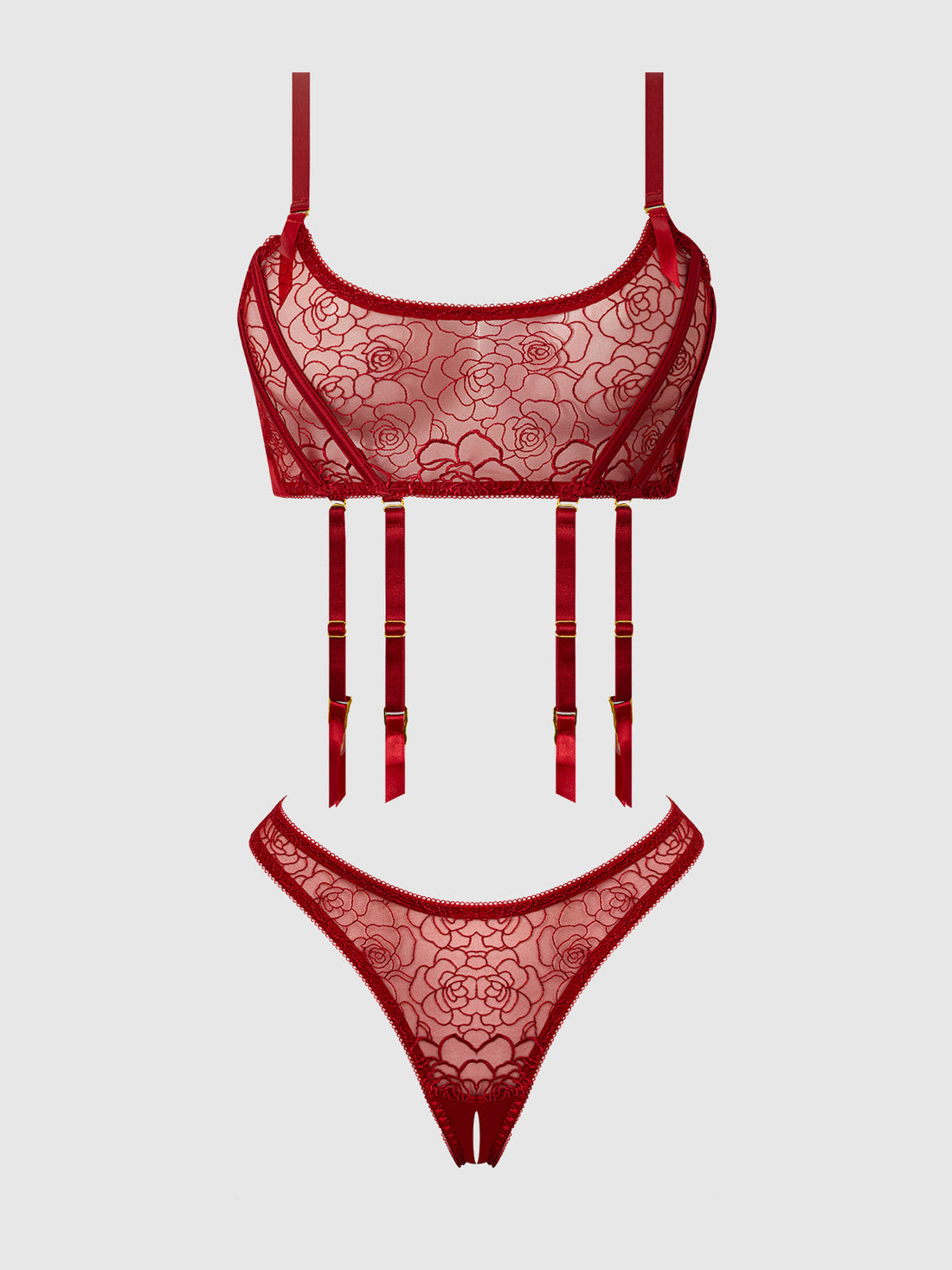 Rosalie Embroidered Garter Lace Bralette Bra Set Crimson Red Roses