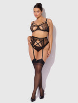 Rosalie Embroidered Lace Open Cup Garter Bra Set Black Roses