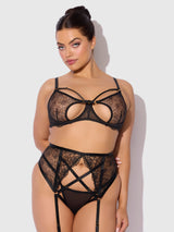 Rosalie Embroidered Lace Open Cup Garter Bra Set Black Roses