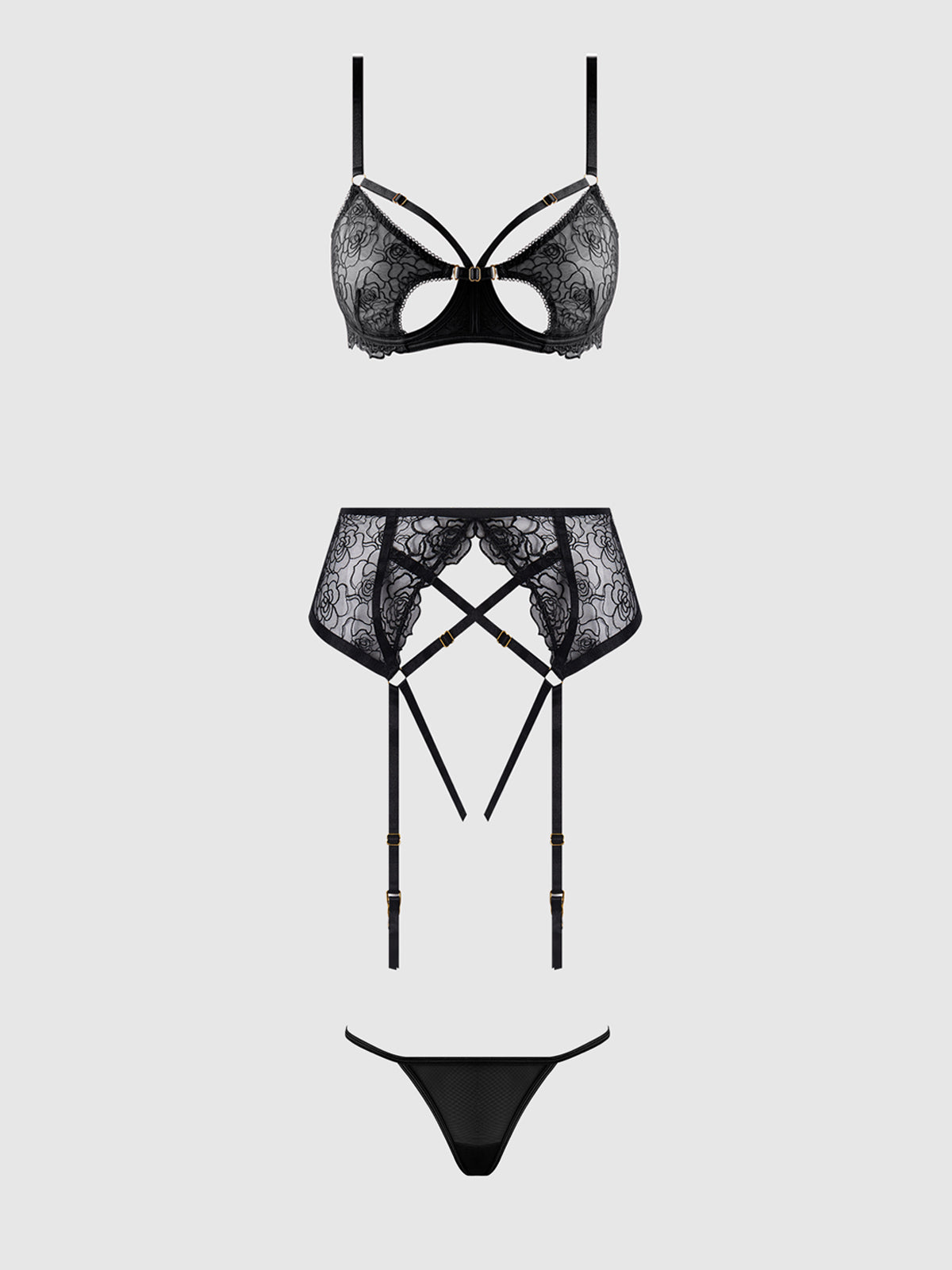 House of Desire Rosalie Embroidered Lace Open Cup Garter Bra Set Black Roses