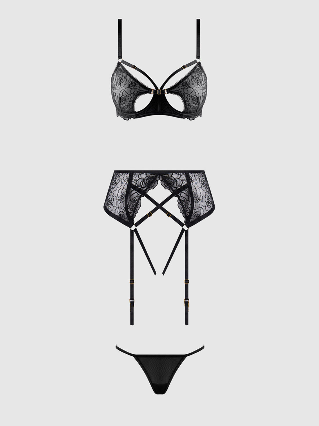 Rosalie Embroidered Lace Open Cup Garter Bra Set Black Roses