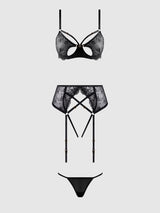 Rosalie Embroidered Lace Open Cup Garter Bra Set Black Roses